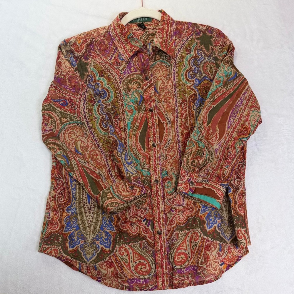 Lauren Ralph Lauren Petite PM Paisley 100% Cotton Blouse Western Dark Fairy